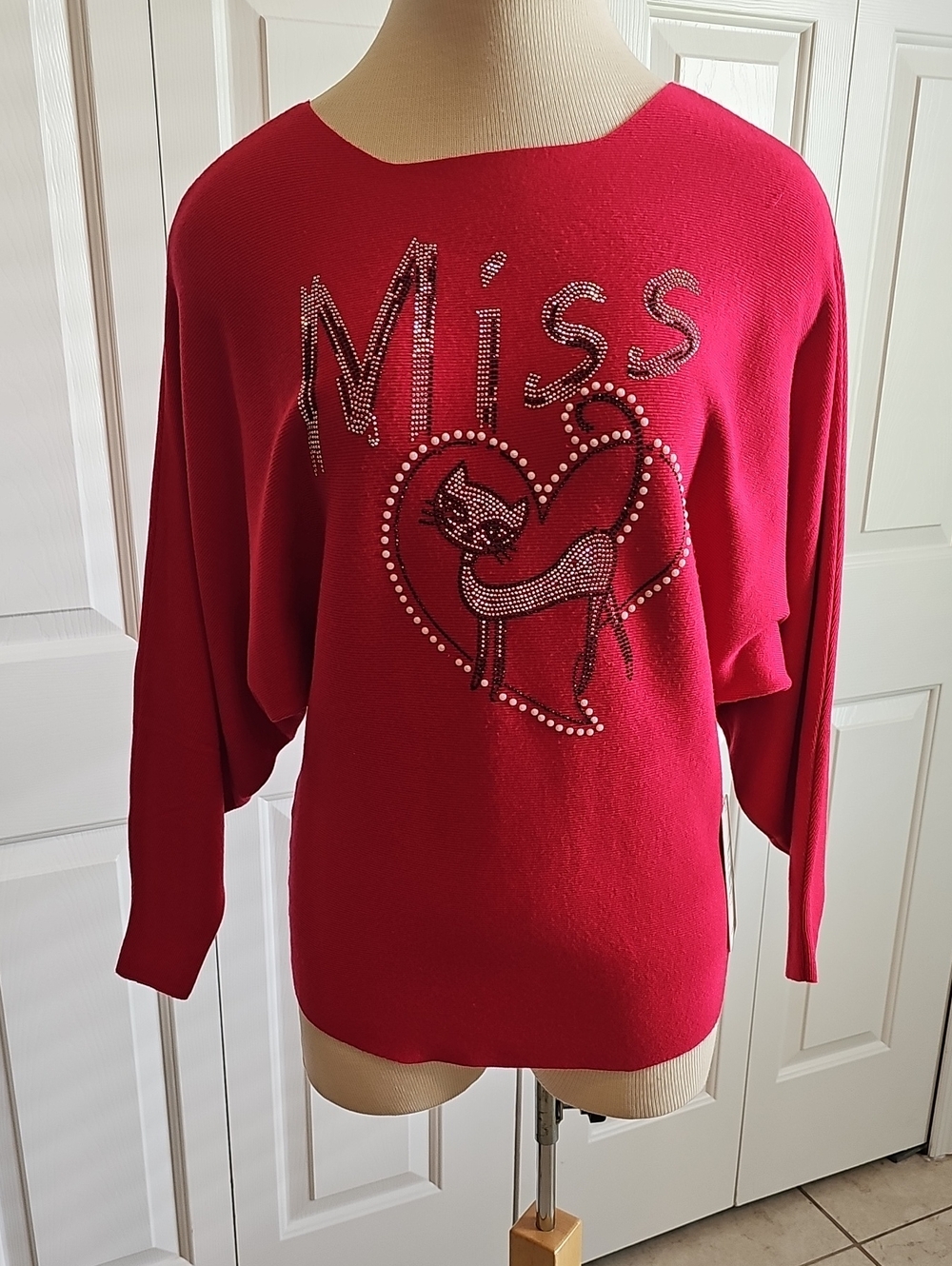 Victoria Collection Cat Heart Rhinestone Sweater Women S/M Red Dolman Knit Lurex